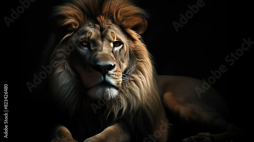 Close up of great lion head isolated in black background. Wildlife animal background concept.