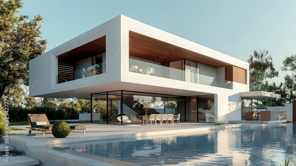 Modern white house with wooden extension and pool 