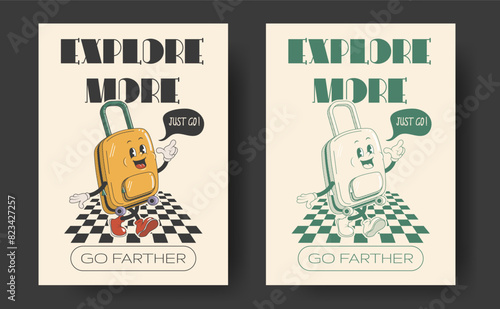Funny retro styled poster or card or t-shirt print design template with suitcase character and typographic composition with monochromatic version. Vector illustration