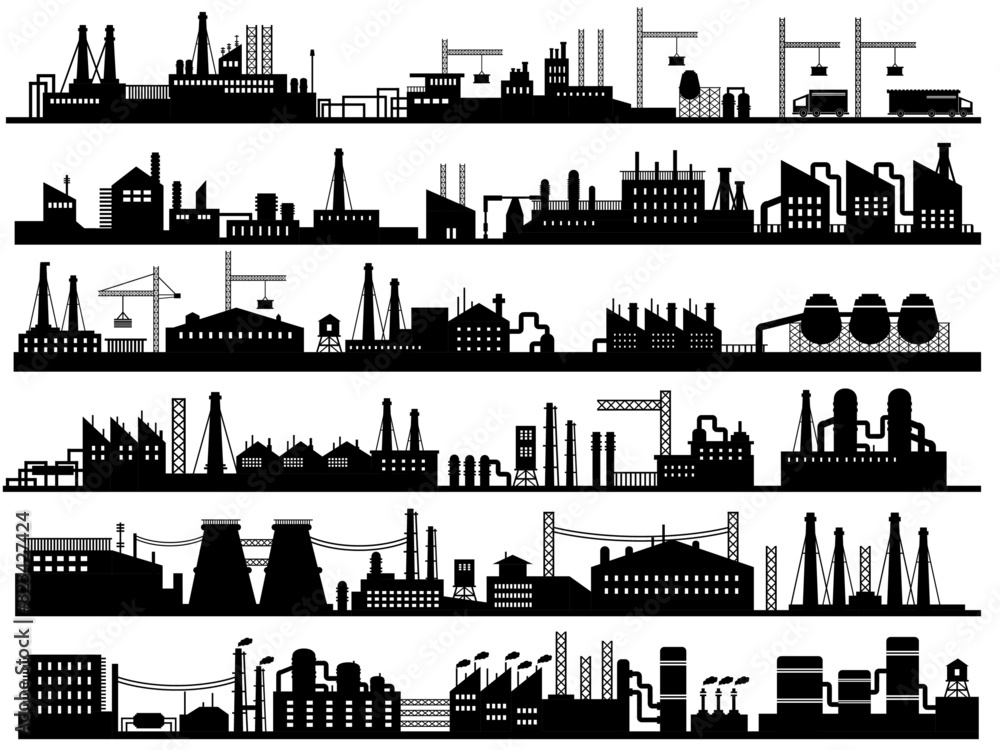 Naklejka premium Factory and industrial area landscape silhouette design vector illustration collection