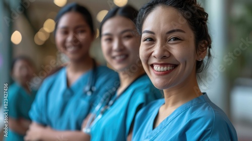 Portrait Of Smiling Multi Cultural Medical Team Wearing Scrubs In Modern Hospita  photo