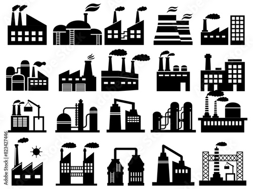 Factory buildings flat vector icon collection