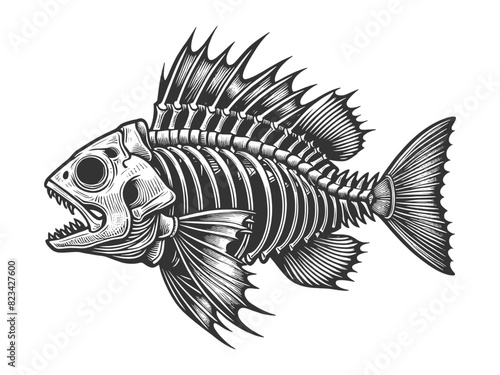 fish skeleton, showcasing intricate bone structure and sharp teeth sketch engraving generative ai vector illustration. Scratch board imitation. Black and white image.