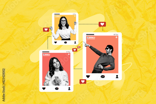 3D photo collage trend artwork sketch image of three young colleagues connection heart like share repost app website network social media