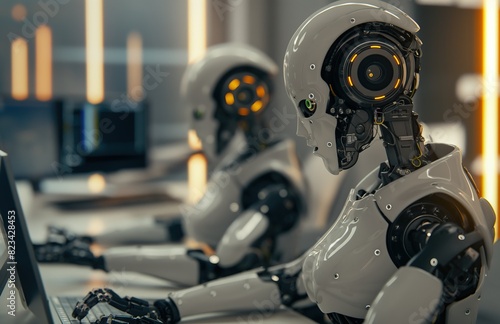 Humanoid Robots Operating Computers in a Futuristic Office Environment © Ryan