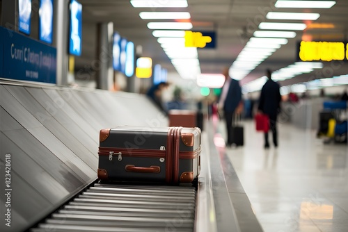 Travelers wait eagerly for luggage as a dark suitcase moves along conveyor belt