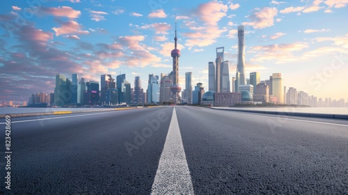 Panoramic empty asphalt road with buildings skyline against blue sky background. Generated AI image