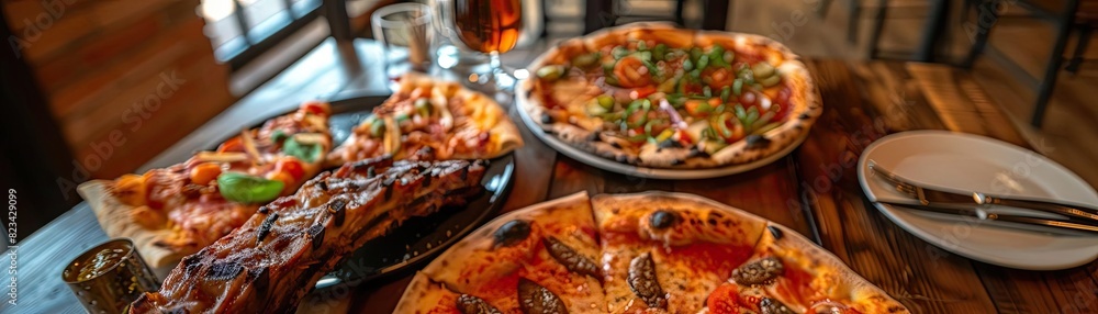 Delicious variety of pizzas on a rustic wooden table in a cozy pizzeria, perfect for food and dining concepts. Delicious variety of pizzas on a rustic wooden table in a cozy pizzeria, perfect for food and dining concepts.
