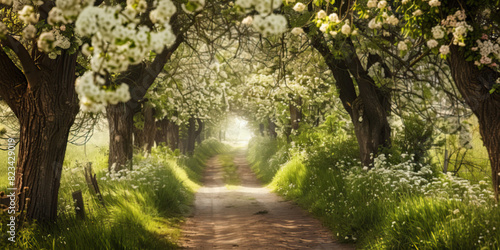 Rural path leading through a tunnel of blooming trees  inviting walks under a canopy of flowers