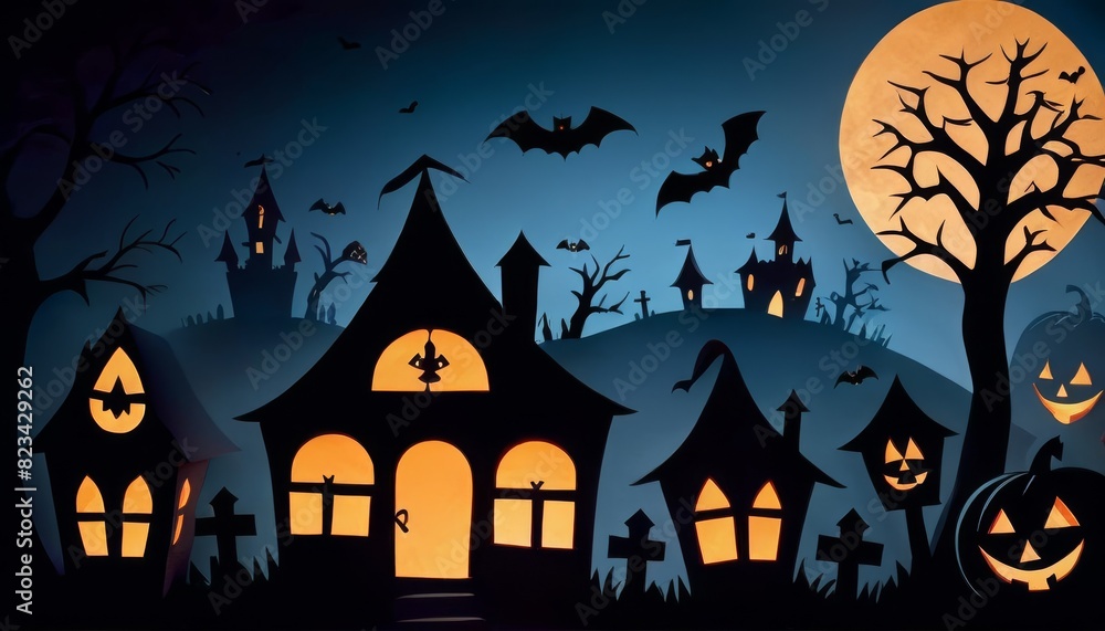 Halloween-themed illustration depicting a spooky landscape with haunted houses, bats flying under a full moon, and pumpkins glowing ominously, ideal for festive decor.