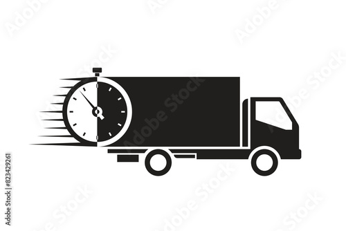 Silhouette of a truck with a stopwatch, fast and on-time delivery, isolated on a white background.