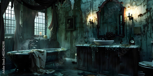 Dark damp and dirty bathroom with sink and toilet old bathroom with windows on the wall background. photo