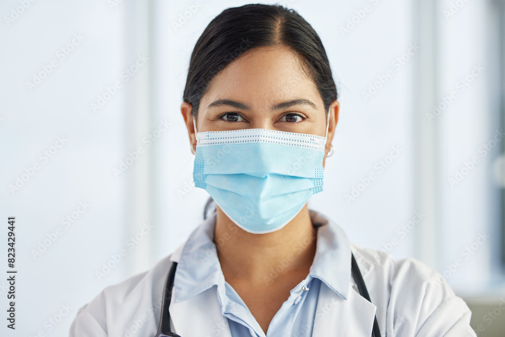 Doctor, woman and smile face mask for protection with care, support and commitment for job. Female person, medical and healthcare employee for emergency with dedication in hospital on portrait Doctor, woman and smile face mask for protection with care, support and commitment for job. Female person, medical and healthcare employee for emergency with dedication in hospital on portrait