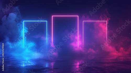 Modern illustration of blue and red neon light doors on a transparent background. Modern depiction of the portals surrounded by clouds of color mist, a magic gate glowing in the darkness, and a