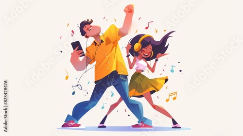 A man with a phone and a young girl dance and have fun at home isolated icon. An isolated girl enjoys music sound in headphones at home. Cartoon animation of funny dancers at a disco party.