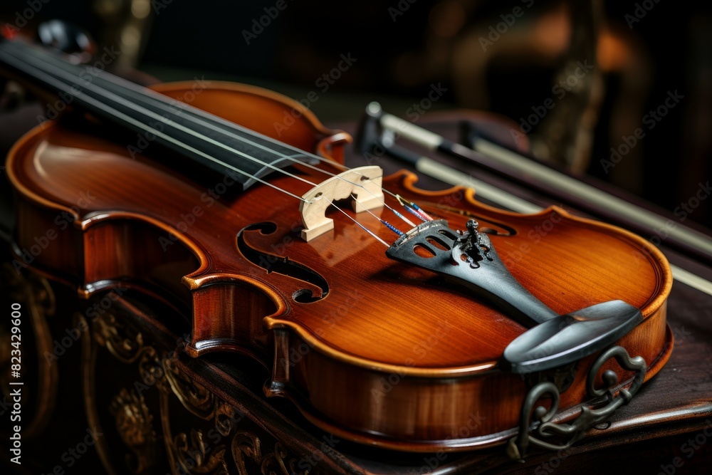 Fototapeta premium Close-up shot of a violin with detailed craftsmanship, resting on an ornate wooden table