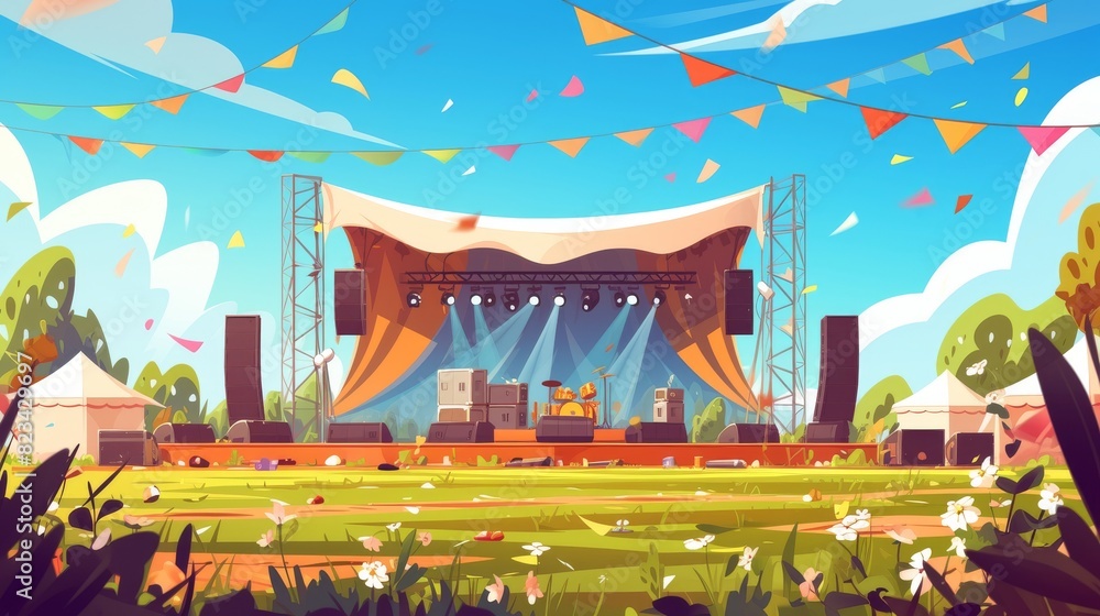 An abstract street wedding pop disco area for performance with amplifier background. Illustration of an open-air music concert stage at a park festival. Peaceful outdoor pop disco area at a summer An abstract street wedding pop disco area for performance with amplifier background. Illustration of an open-air music concert stage at a park festival. Peaceful outdoor pop disco area at a summer