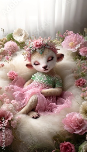 A stuffed animal wearing a pink dress and a flower crown is sleeping on a bed of flowers. The flowers are pink and white, and the bed is covered in a soft, fluffy material.