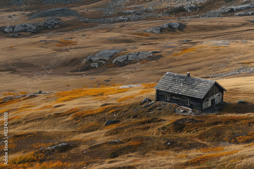 Aerial view of an isolated mountain cabin surrounded by a vast, untouched landscape. Highlight the solitude and simplicity of the scene