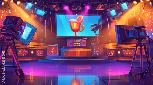An illustration of the stage of a quiz night show studio, with a winner cup and scores on display, spotlight illumination, and a camera for live recording and broadcasting. photo