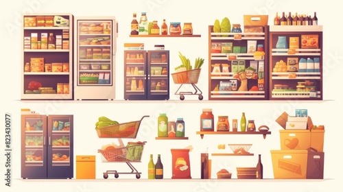 Furniture and equipment in supermarkets - products in refrigerators  vegetables in racks  carts and baskets  scales for weighing food. Cartoon modern set.