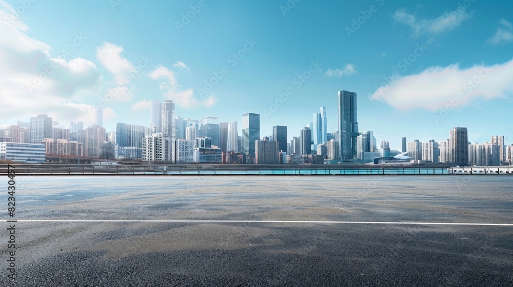 Panoramic empty asphalt road with buildings skyline against blue sky background. Generated AI image