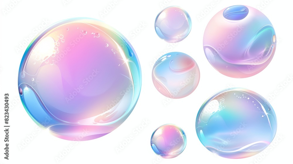 An irregular sphere of soapy glossy water with pink, blue, and purple iridescent gradient colors. A realistic 3D modern illustration of rainbow shampoo and wash foam spheres. An irregular sphere of soapy glossy water with pink, blue, and purple iridescent gradient colors. A realistic 3D modern illustration of rainbow shampoo and wash foam spheres.