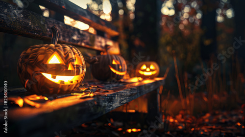 A spooky forest sunset bathes the scene in eerie light, with the evil glow of Jack O' Lanterns' eyes illuminating the left side of a wooden bench on this scary Halloween nigh