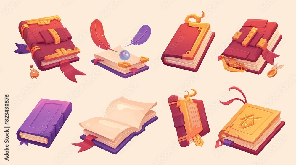 Magically closed and opened books with ancient parchment paper and a fantastic hardcover. Cartoon modern illustration set of wizard and witchcraft literature. Mystery textbook for game design. Magically closed and opened books with ancient parchment paper and a fantastic hardcover. Cartoon modern illustration set of wizard and witchcraft literature. Mystery textbook for game design.