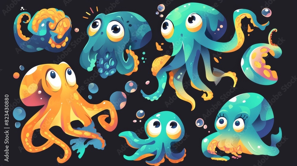 Cartoon illustration of a set of octopus characters with tentacles and big eyes, floating in sea water with bubbles. Marine mascot. Modern illustration. Blue, green, and yellow sea creatures with Cartoon illustration of a set of octopus characters with tentacles and big eyes, floating in sea water with bubbles. Marine mascot. Modern illustration. Blue, green, and yellow sea creatures with