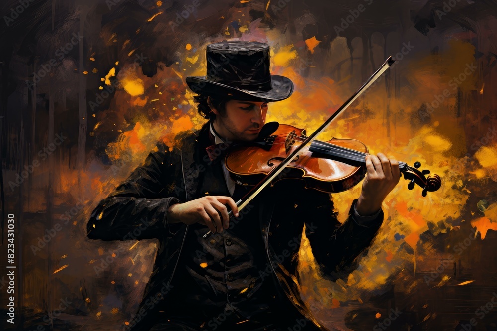Fototapeta premium Mysterious musician plays the violin amidst vibrant flames, evoking passion and drama