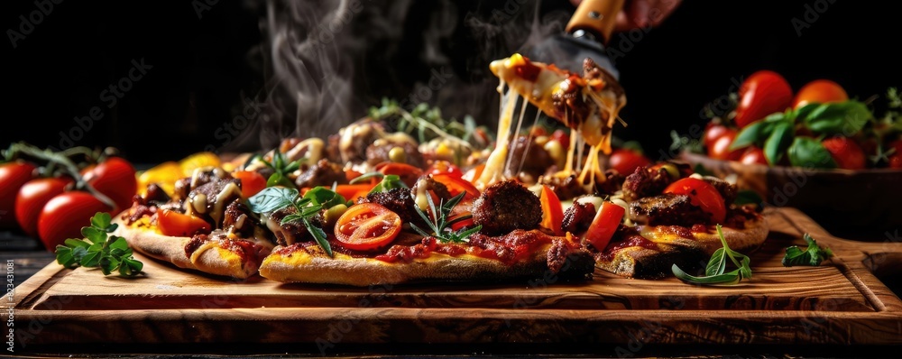 Freshly baked, steaming hot pizza with vegetables, cheese, and meat toppings, served on a wooden board in a dark setting. Freshly baked, steaming hot pizza with vegetables, cheese, and meat toppings, served on a wooden board in a dark setting.