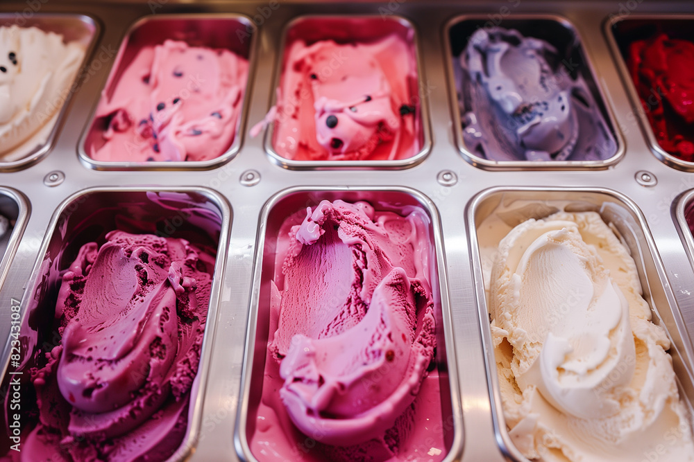 Mix berry strawberry ice cream gelato in cabinet top view dessert shop concept Mix berry strawberry ice cream gelato in cabinet top view dessert shop concept