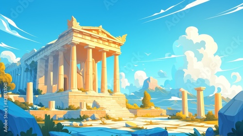 A modern illustration of an ancient Greek temple with a goddess on a Roman monument background. A landscape illustration of a mythology parthenon. A symbol of the road to mythical heaven in photo