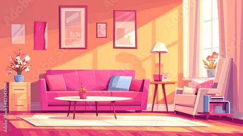 Modern illustration of pink living room furniture. Modern house lounge with couch  armchair  lamp  round table  scandinavian picture in vase  and flower in vase. Living room indoor clipart.