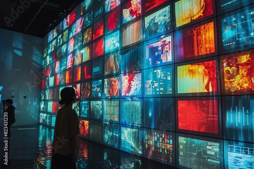 A wall of digital screens displaying various video content in the style of a videophone concept