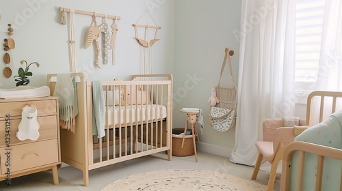 Cozy and stylish baby nursery with wooden crib and soft pastel decor, creating a serene and inviting atmosphere for a newborn