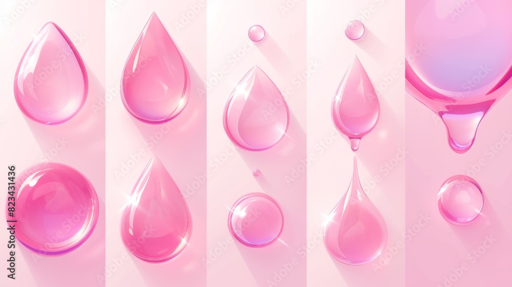 Gel pink drop. Water droplets or liquid jelly serum background. Vitamin soap drip ball. Raspberry lotion or shampoo cosmetic product with bubbles on surface. Gel pink drop. Water droplets or liquid jelly serum background. Vitamin soap drip ball. Raspberry lotion or shampoo cosmetic product with bubbles on surface.
