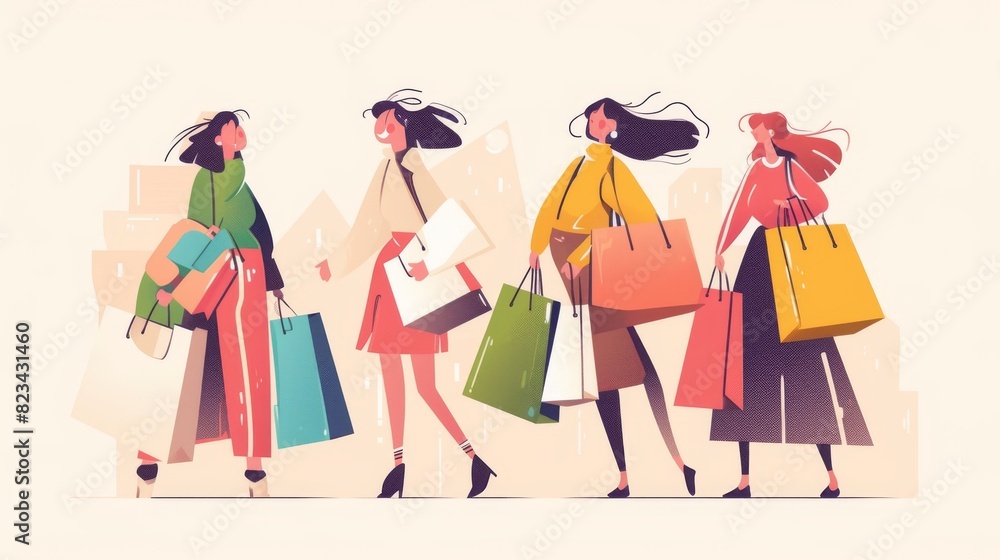 An excited guy holds bags after shopping in a mall. Happy woman shopper carrying supermarket bag. Family illustration of a consumer carrying packages and purchasing gifts in a market. An excited guy holds bags after shopping in a mall. Happy woman shopper carrying supermarket bag. Family illustration of a consumer carrying packages and purchasing gifts in a market.