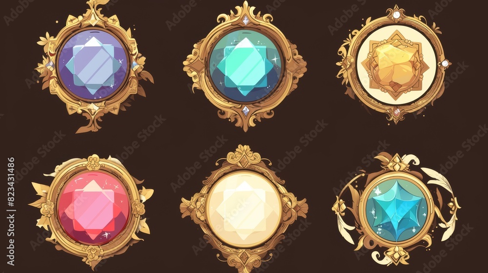 Set of medieval game frames isolated on white background. Modern cartoon illustration of gold and silver metal avatar decorations ornamented with color crystal gem stones. Set of medieval game frames isolated on white background. Modern cartoon illustration of gold and silver metal avatar decorations ornamented with color crystal gem stones.