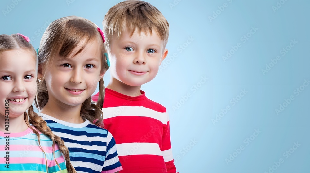 Three children with braids and striped shirts smile joyfully against a soft blue background, portraying a cheerful and vibrant mood. Three children with braids and striped shirts smile joyfully against a soft blue background, portraying a cheerful and vibrant mood.