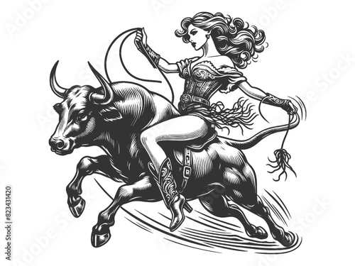 Wallpaper Mural Pin-up woman bull cowgirl in full rodeo action, riding bull with a lasso sketch engraving generative ai fictional character vector illustration. Scratch board imitation. Black and white image. Torontodigital.ca