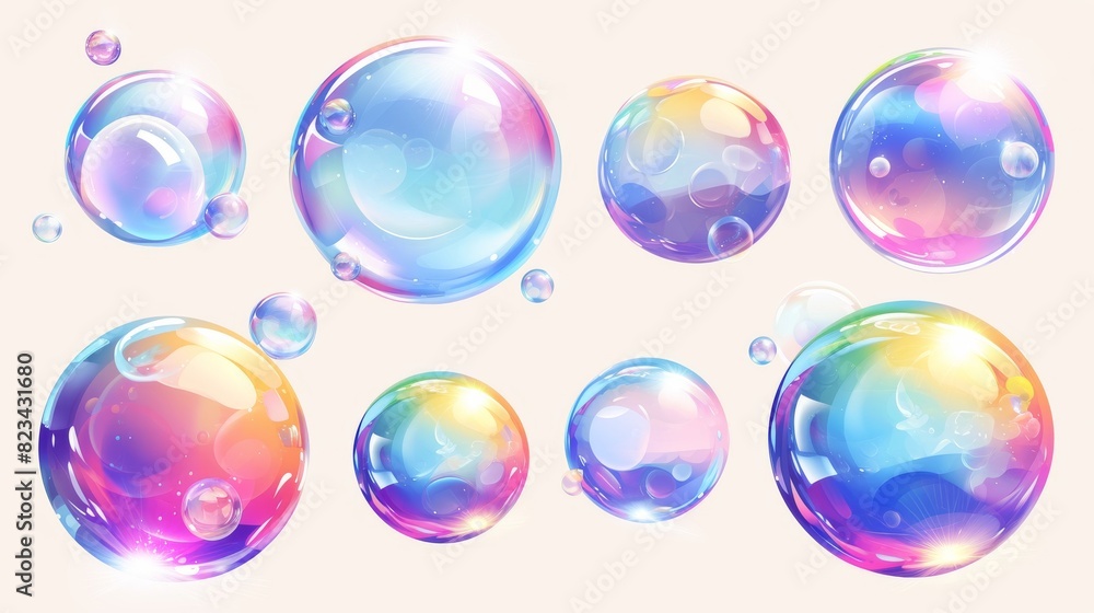 A modern realistic illustration of shampoo and water balls reflecting light on an iridescent surface. This can be used as a laundry or bathroom design element. A modern realistic illustration of shampoo and water balls reflecting light on an iridescent surface. This can be used as a laundry or bathroom design element.