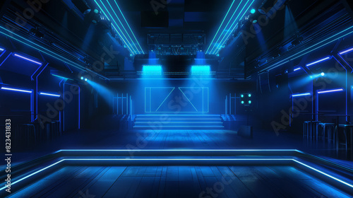 Enveloped in darkness, the room is transformed by the luminous blue neon light, 