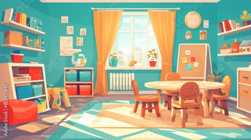Classroom for pre-school child cartoon. Nursery playroom interior with toy  table and chair. Illustration of Montessori daycare activity background.