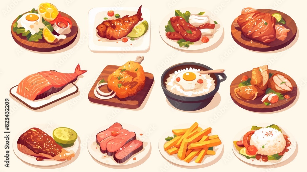 Isolated cartoon illustration of dinner plates with beefsteak and tomatoes, chicken leg with french fries, salmon with rice, spicy sauces, and bbq food. Isolated cartoon illustration of dinner plates with beefsteak and tomatoes, chicken leg with french fries, salmon with rice, spicy sauces, and bbq food.