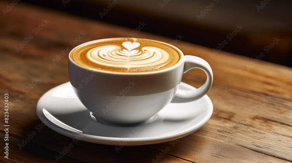 A beautifully crafted latte with heart-shaped latte art, served in a white cup on a wooden table, perfect for cafe or coffee shop themes. A beautifully crafted latte with heart-shaped latte art, served in a white cup on a wooden table, perfect for cafe or coffee shop themes.