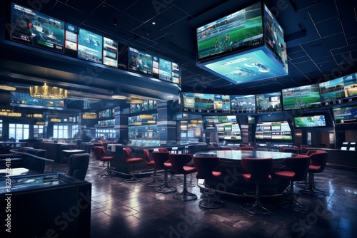 Elegant sports bar featuring numerous tv screens displaying various live sports, inviting seating, and ambient lighting