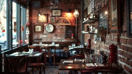 Vintage cafe interior with brick walls and wooden furniture for restaurant or home decor design