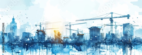 abstract illustration of a construction site with cranes and workers, in the background are modern city buildings